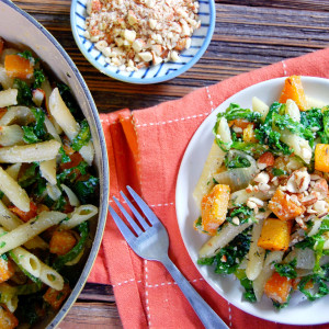 Butternut Squash, Kale, and Onion Pasta with a Ricotta and Lemon Sauce