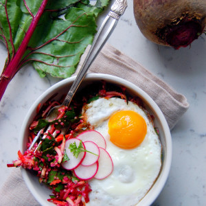 Bright Beet Quinoa Salad with Lemon and Ginger, topped with a fresh fried egg and radishes #AD | uprootfromoregon.com