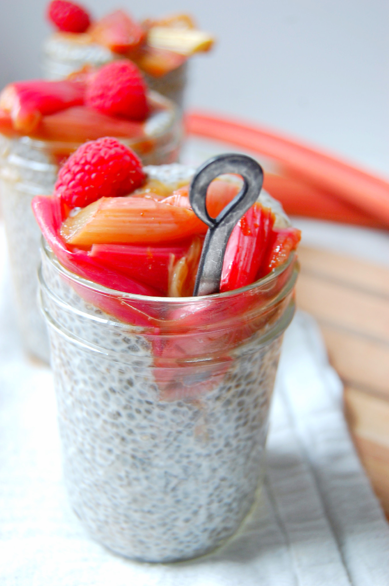 Vanilla Bean Chia Seed Pudding with Roasted Rhubarb is a gluten-free and vegan snack that is portable and high in omega-3's! | UprootKitchen.com