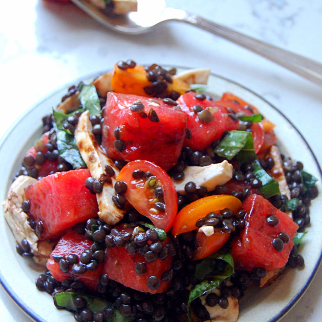 A delicious and summery twist on caprese salad, this Beluga Black Lentil and Watermelon Caprese is the perfect gluten-free and vegetarian recipe to serve to friends | uprootkitchen.com