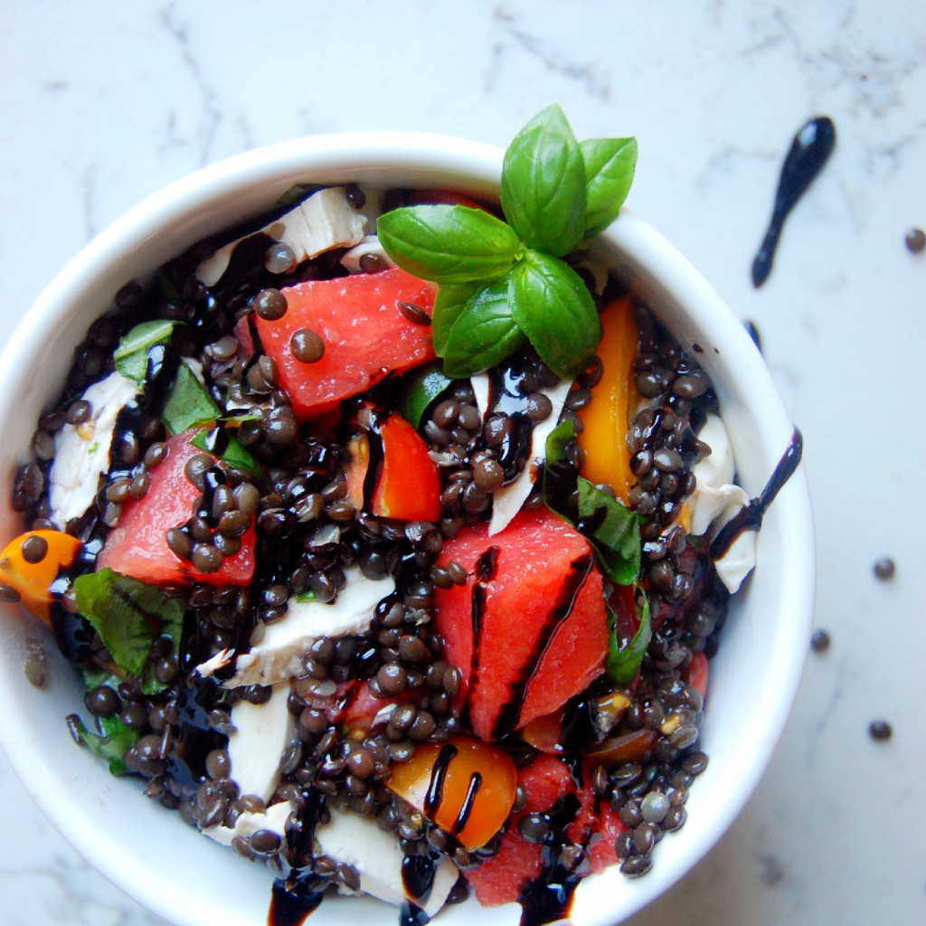 Beluga Lentil and Watermelon Caprese Salad recipe with tomatoes, mozzarella and basil and a balsamic glaze drizzle #glutenfree #vegetarian | uprootkitchen.com