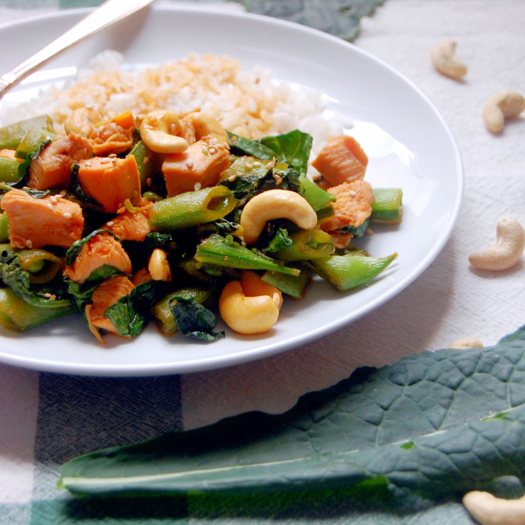 Simple Cashew Chicken Stir Fry with Sugar Snap Peas, Kale, and Spinach - a 30 minute meal that is faster than take out! | uprootkitchen.com