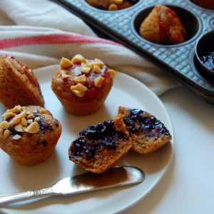 Mini Peanut Butter and Jelly Muffins - made with peanut flour for a lower fat and healthy snack option! | uprootfromoregon.com