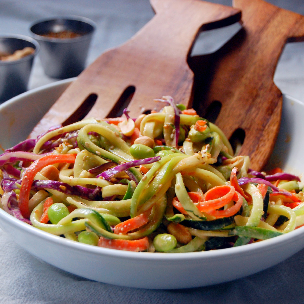 Saucy Peanut Veggie Noodle Salad with carrot noodles, zucchini noodles, shredded red cabbage and edamame | uprootkitchen.com