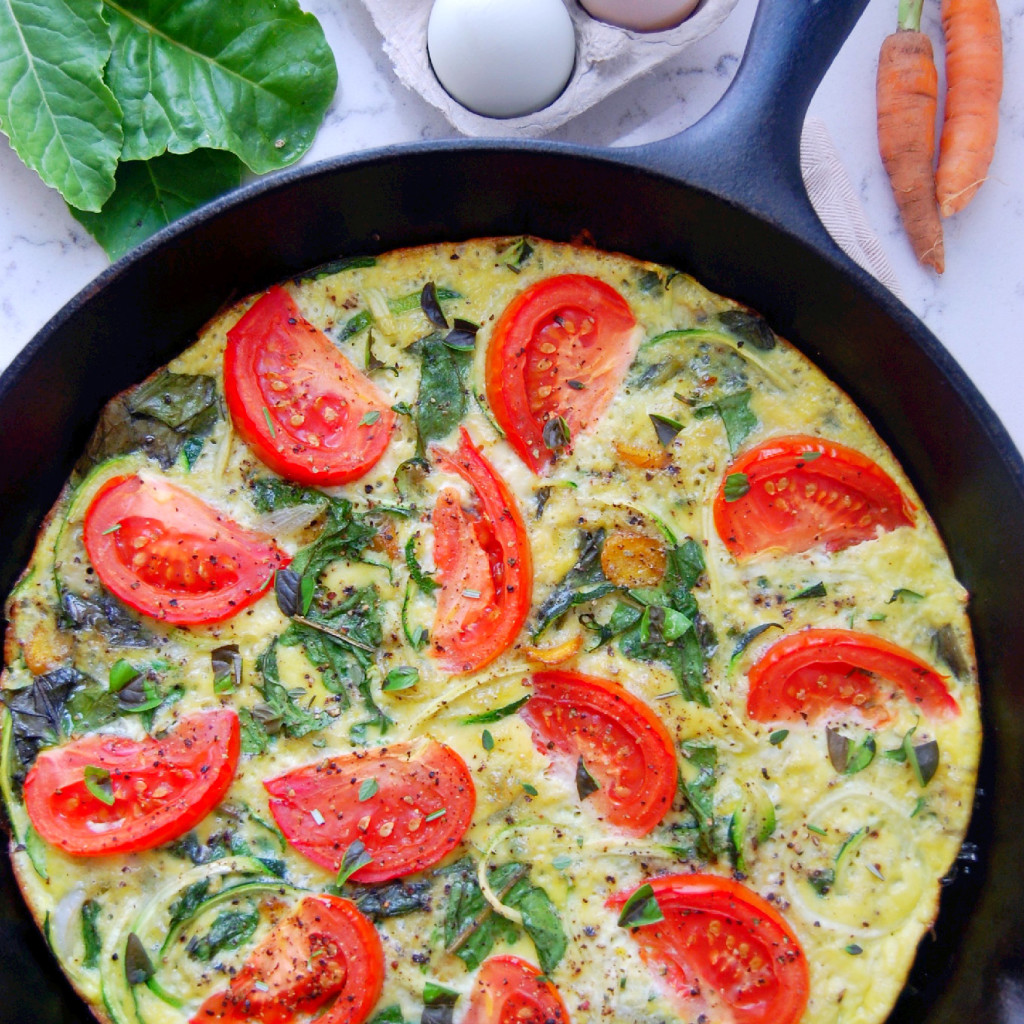 Seasonal Zucchini Noodle Frittata with Swiss Chard, baked in a cast iron pan for an easy breakfast or brunch | uprootfromoregon.com