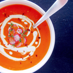 Roasted Red Pepper Tomato Soup with Cashew Cream, a simple filling vegan and gluten-free recipe | uprootfromoregon.com