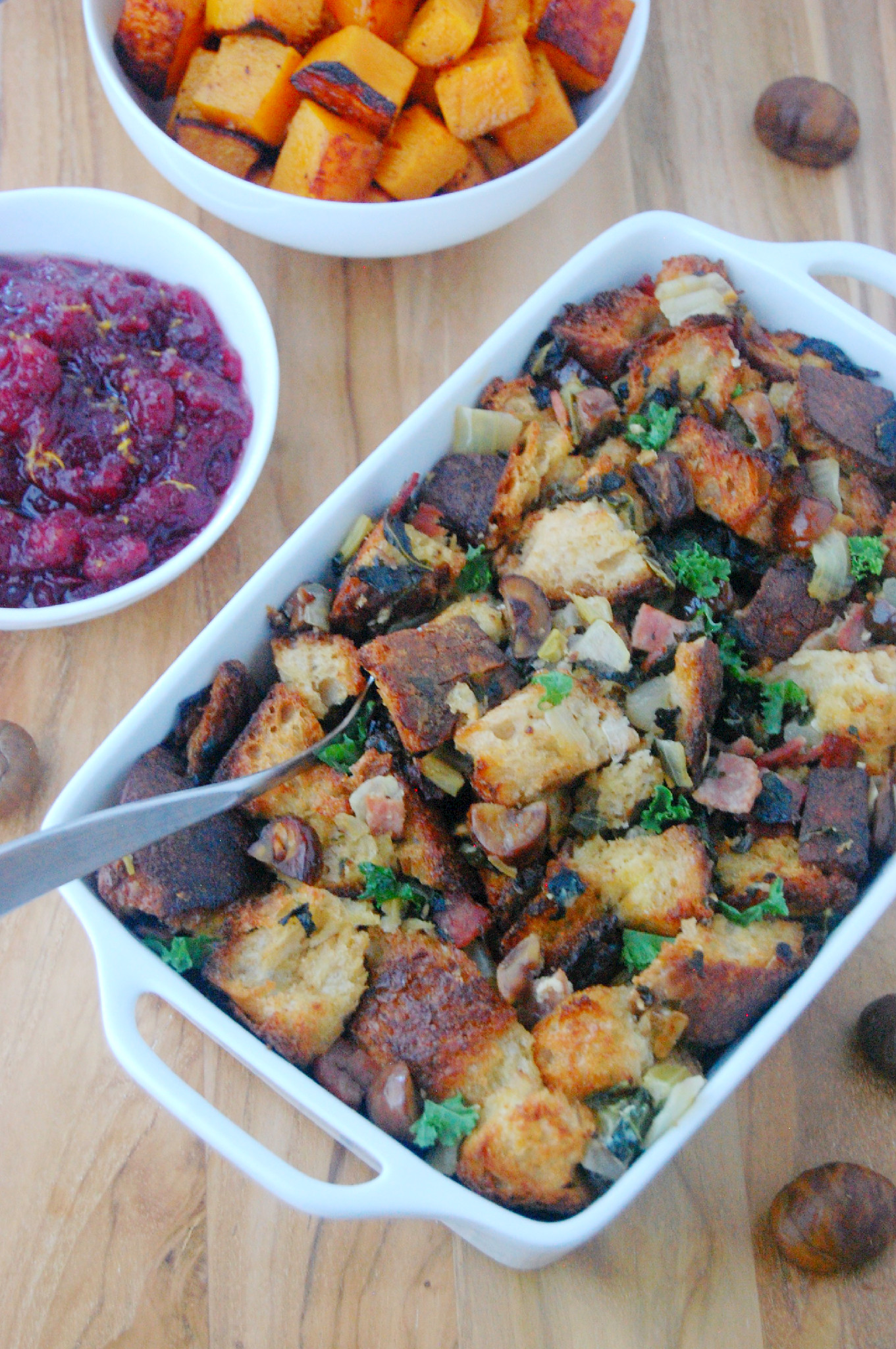 Thanksgiving Roasted Chestnut Stuffing with Curly Kale and Turkey Bacon | uprootfromoregon.com