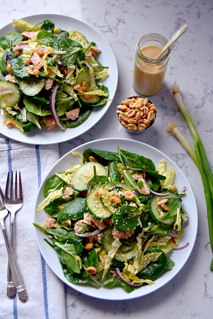 An Asian inspired Supergreen Tuna Salad with a simple Sesame Peanut Dressing made in the blender | uprootkitchen.com