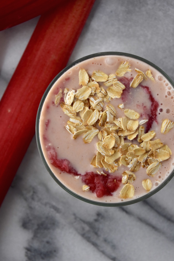 This Rhubarb Oat Smoothie is made by blending a simple rhubarb compote with banana, yogurt, and oats. | uprootkitchen.com