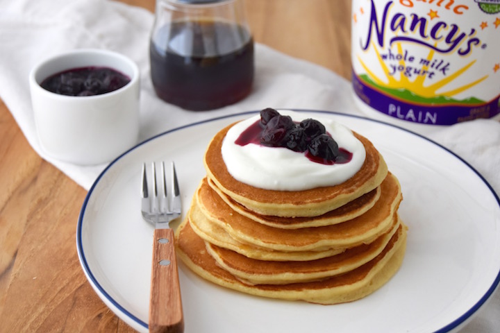 Whole Wheat Yogurt Pancakes with Blueberry Sauce | uprootkitchen.com
