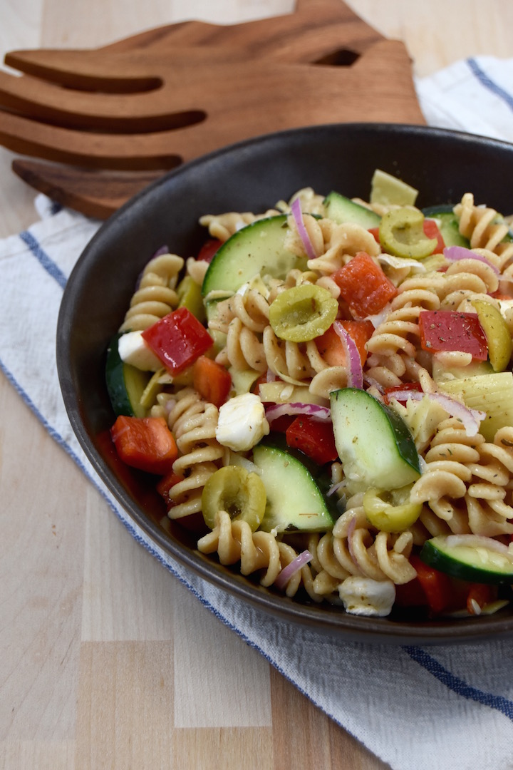 This Whole Wheat Cold Italian Pasta Salad is a healthier version than picnic staples, with whole wheat fusilli pasta, lots of chopped vegetables, and tangy additions. | uprootkitchen.com