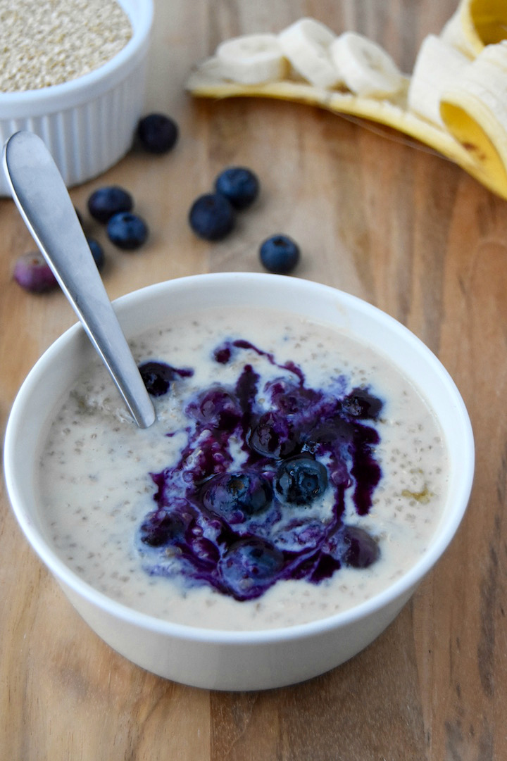 This Quinoa Porridge with Blueberry Compote is a simple way to enjoy summer's berries in a protein-packed breakfast bowl, served warm or cold with maple syrup. | uprootkitchen.com