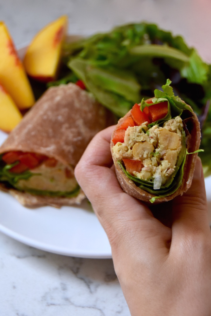 A simple wrap made with Chickpea Tuna Salad for easy workday lunches | uprootkitchen.com