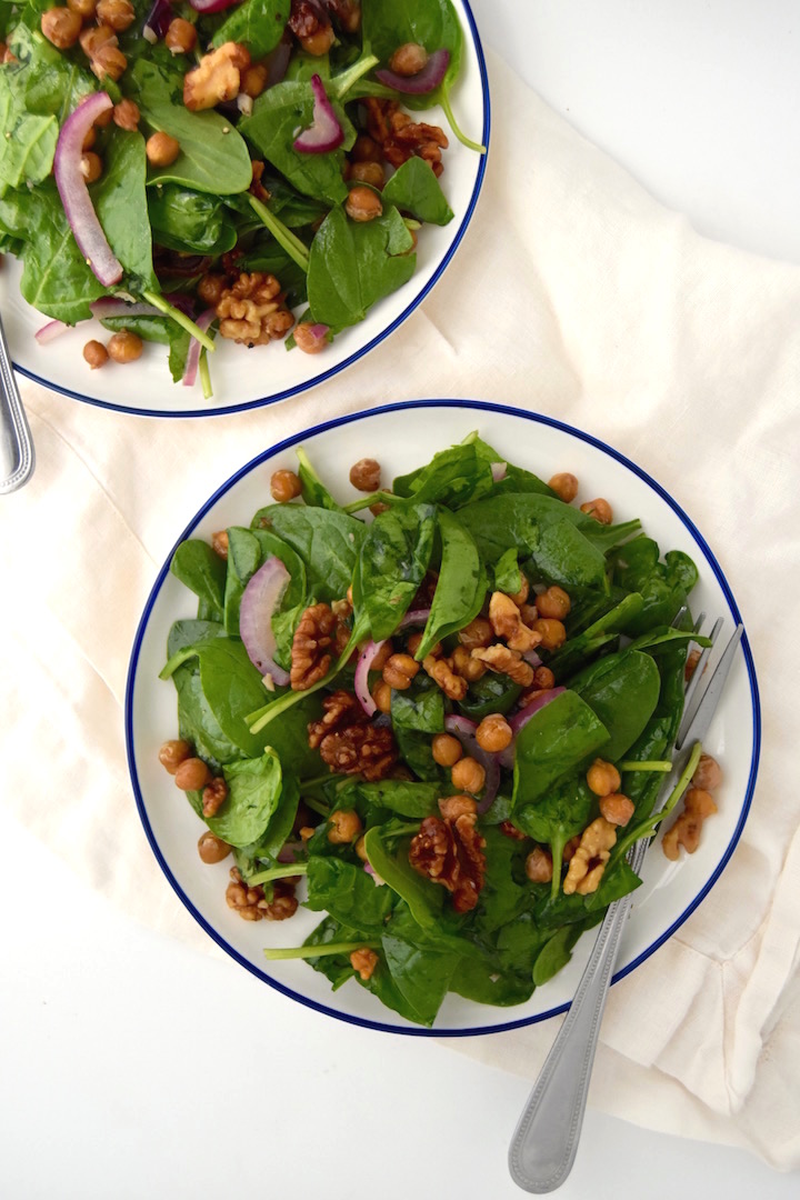 Warm Spinach Salad with Rosemary Roasted Walnuts and Chickpeas