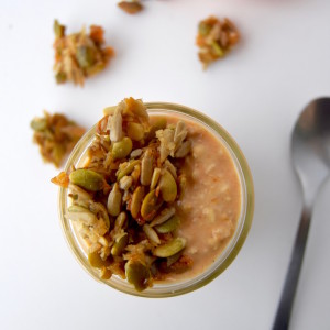A recipe for Pumpkin Overnight Oats with Sticky Seed Brittle | uprootkitchen.com