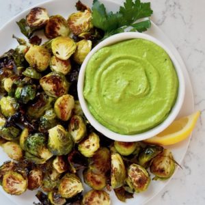 Crispy Brussels Sprouts with Avocado Green Goddess Dressing